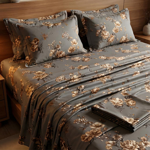 Floral Micro Bedsheet King Size - Grey