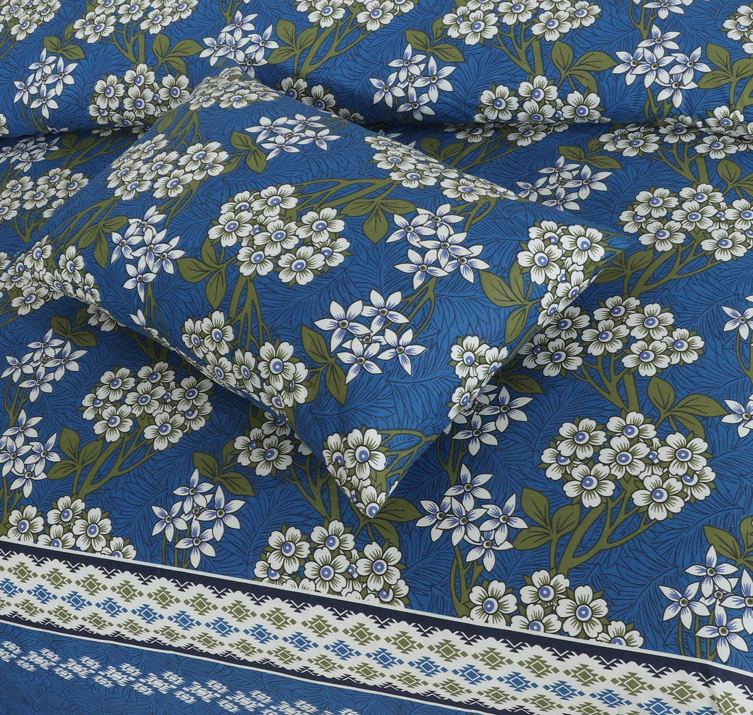 Cotton Floral Bedsheet King Size - Blue
